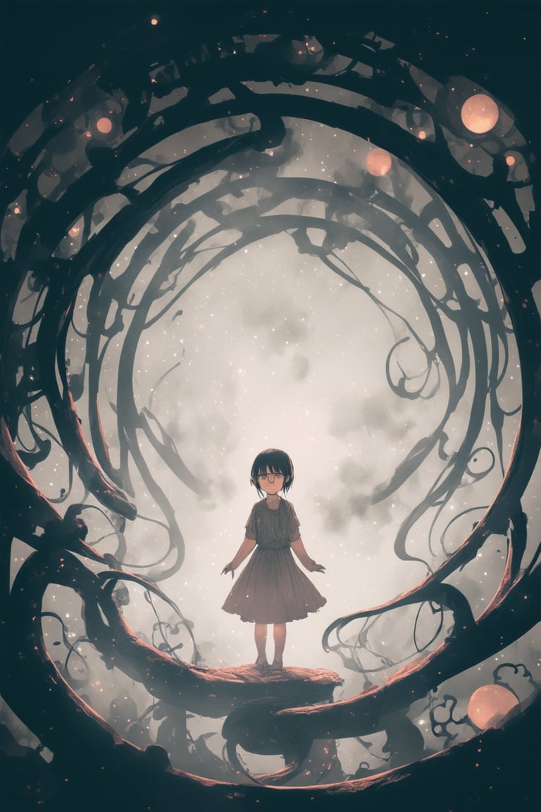 A whimsical anime-inspired scene unfolds: a delicate, lace-like portal swallows a tiny, bespectacled girl with an inquisitive gaze. She floats amidst a swirling vortex of iridescent mist and gleaming gears, surrounded by wispy tendrils of smoke. The soft glow of luminescent orbs casts an ethereal ambiance, as the composition guides the viewer's eye through a maze of intricate lines and shapes.