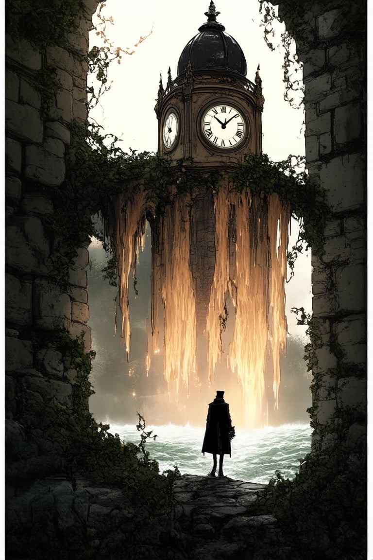 A dreamlike landscape with a melting clock tower, vines entwined around ancient stone walls, and a lone figure in a top hat and coat, holding a bouquet of dead flowers amidst a sea of eerie fog. Soft focus. Warm golden lighting. Composition emphasizes the central figure's mysterious presence.