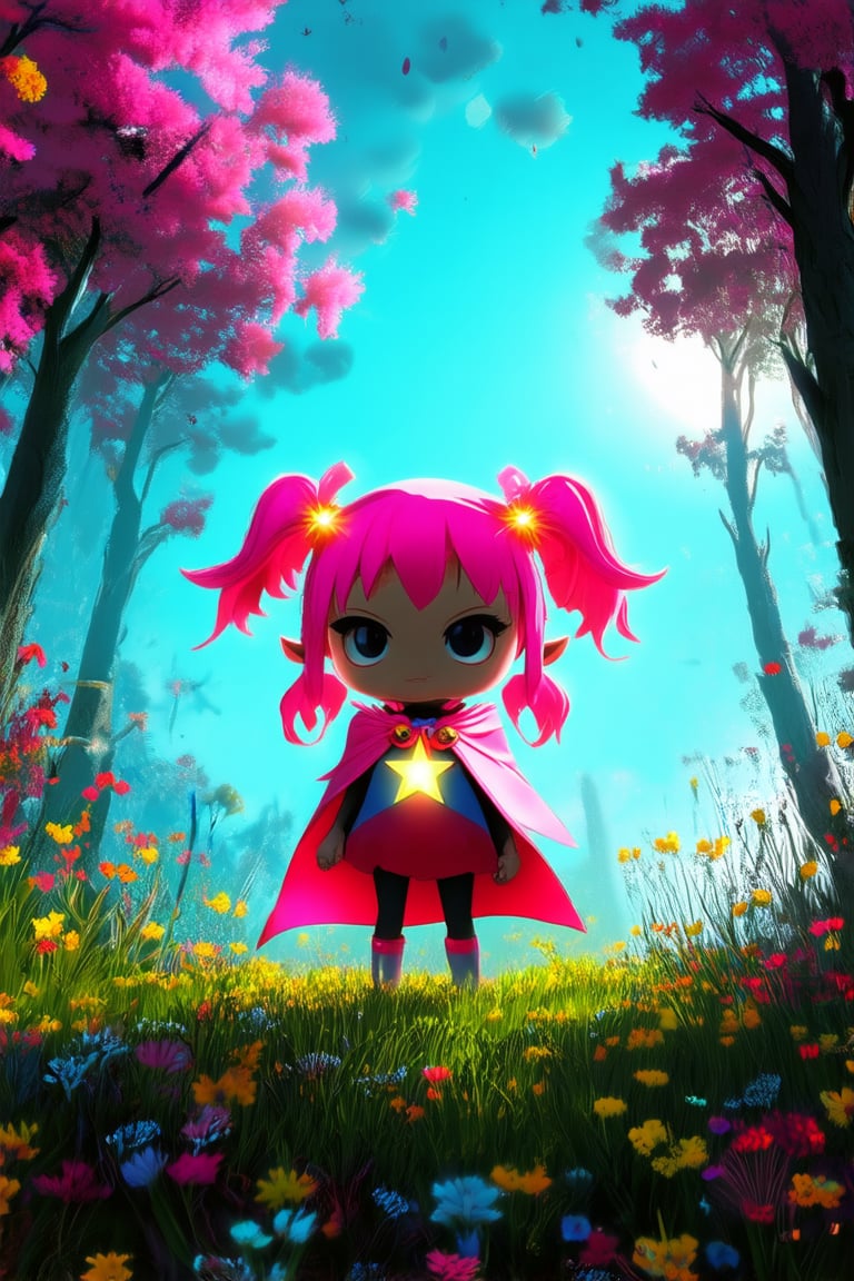 Vibrant digital art featuring a whimsical chibi character standing in a lush meadow, surrounded by colorful wildflowers and towering trees. The small hero, with bright pink hair tied in pigtails, wears a tiny cape and holds a shiny star wand. Warm sunlight casts a soft glow, highlighting the character's adorable features.