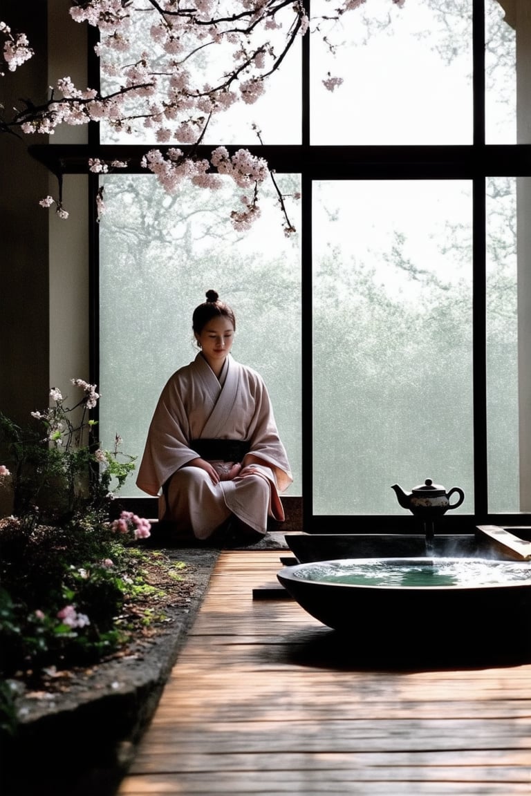 A serene Mandana Koka, a traditional Japanese tea ceremony setting, is framed by a delicate cherry blossom branch. Soft, warm light pours through the translucent sliding doors, casting gentle shadows on the polished wooden floor. The kimono-clad hostess, seated in a contemplative pose, cradles a steaming teapot amidst a carefully arranged array of ceramics and flowers. The tranquil atmosphere is punctuated by the subtle sound of water trickling from a stone basin.