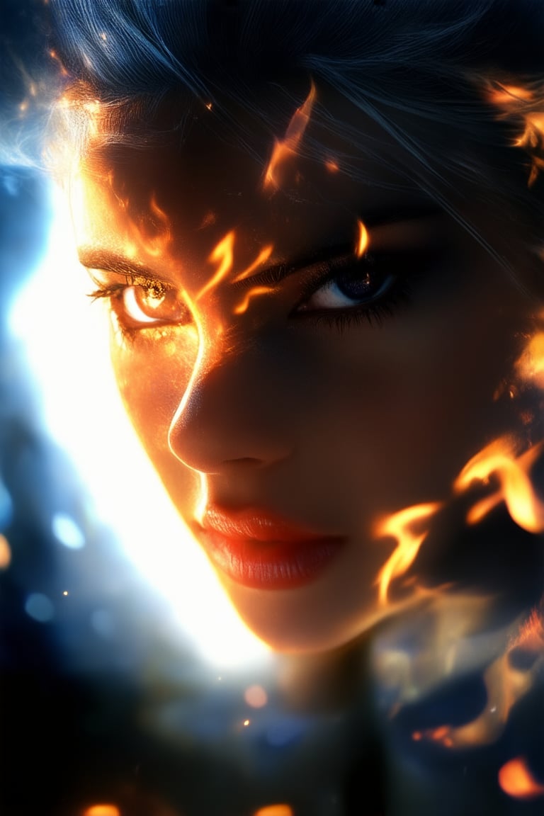 A dramatic close-up shot of a young woman's face, her eyes blazing with intensity as she unleashes a fiery passion. Her eyebrows are slightly raised, and her lips are pursed in a defiant pose. The lighting is bold and striking, with a single spotlight highlighting her features. In the background, a blurred cityscape adds to the sense of urgency.