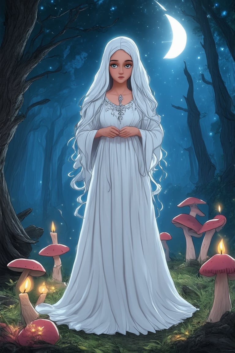 A mystical mama stands in a misty forest glade, surrounded by ancient trees and glowing mushrooms. Her long silver hair flows like moonlight around her ethereal face, illuminated by the soft glow of candles and starlight. She wears a flowing white gown with intricate patterns, blending into the mystical atmosphere. Her eyes gleam with otherworldly wisdom as she gazes up at the celestial bodies above.