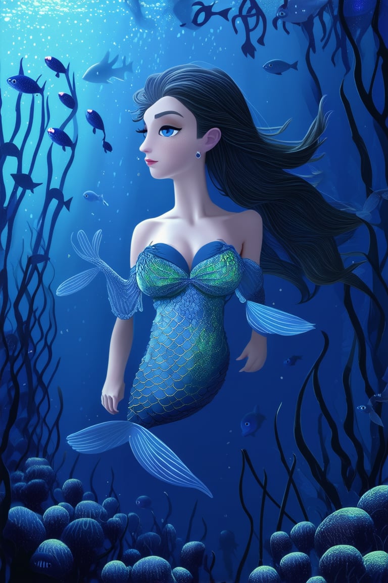 A serene underwater scene: A delicate mermaid with iridescent scales gazing wistfully at the deep blue horizon, her long hair flowing like seaweed in the gentle current. The ethereal lighting casts a mystical glow on her features as she floats amidst a school of bioluminescent fish.