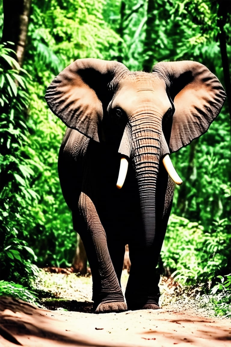 Mandana Koka: A majestic elephant with a regal demeanor, posed majestically in a lush jungle clearing, surrounded by vibrant green foliage and sunlight filtering through the trees. The warm golden light highlights her intricate wrinkles and wispy ears, casting long shadows across the dense underbrush.