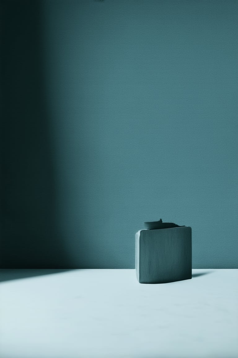 A minimalist still life setup against a simple flat background. A single object, perhaps a small vase or a book, sits centered on a smooth, monochromatic surface. The lighting is soft and even, with no visible shadows or highlights. The composition is straightforward, with the subject placed directly in the frame, leaving plenty of negative space around it.