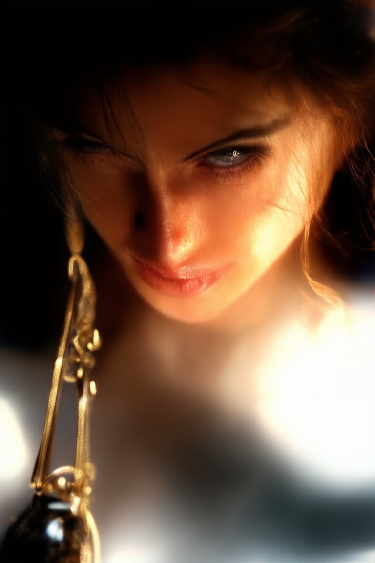 A close-up shot of a woman's face with a intense expression, her eyes narrowed and brows furrowed in concentration. Her full lips purse slightly, as if holding back a powerful emotion. The lighting is dim, with a single spotlight casting a warm glow on her features. The background is blurred, drawing the viewer's attention solely to her determined visage.