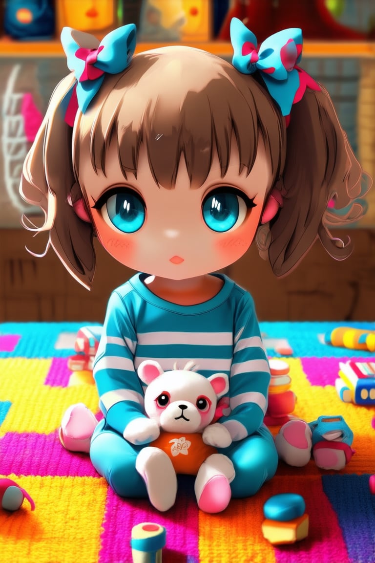 Close-up shot of a cute chibi character sitting on a brightly colored rug, surrounded by scattered toys and books. Soft, warm lighting highlights their bright blue eyes and rosy cheeks. The character's messy brown hair is tied up in pigtails with tiny bows. They're dressed in a matching blue and white striped onesie, holding a favorite stuffed animal.