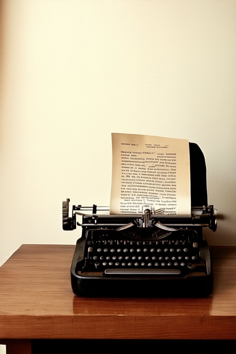 Mandana Koka: A serene still life portrait of a vintage typewriter, Mandana Koka, sitting atop a worn wooden desk against a soft, creamy wall. Warm, golden light spills from the left, casting a gentle glow on her thoughtful expression. Her eyes gaze downward, fingers steepled in contemplation, as if lost in a world of words.