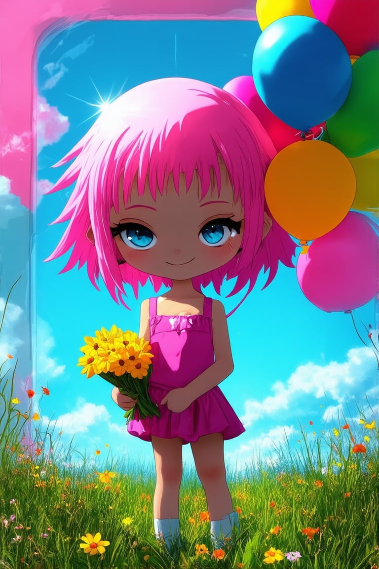 A vibrant illustration of a chibi character, framed in a warm, rounded rectangle with a subtle gradient effect. The subject, a cheerful young girl with bright pink hair and a bright smile, stands proudly amidst a lush green meadow, surrounded by whimsical wildflowers. Her eyes sparkle with mischief as she holds a bouquet of colorful balloons, her tiny hands grasping them tightly. Soft sunlight casts a gentle glow on the entire scene, emphasizing the carefree atmosphere.