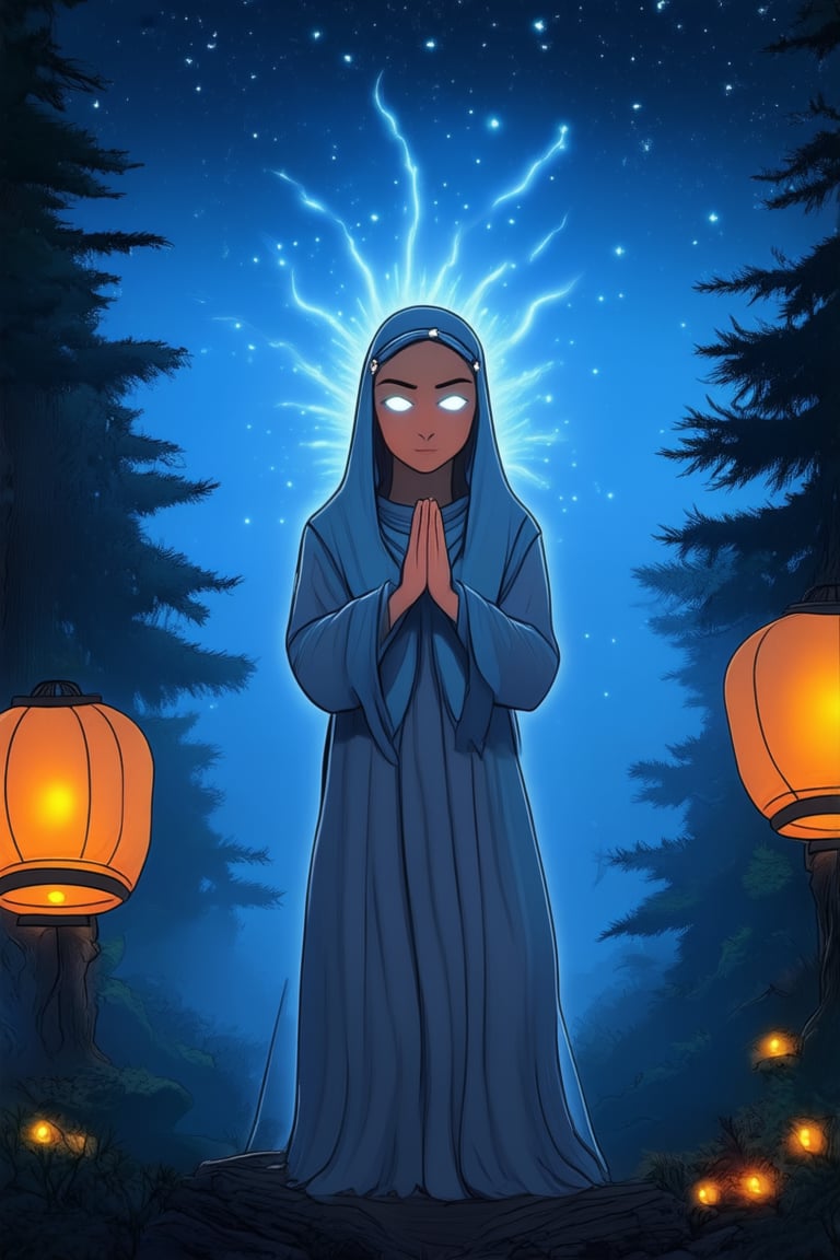 A mystical mama stands at the edge of a misty forest, surrounded by towering trees adorned with glowing lanterns. Her eyes gleam with an otherworldly wisdom as she gazes up at the star-filled night sky. A soft, ethereal light emanates from her hands, casting an aura of mystery around her.