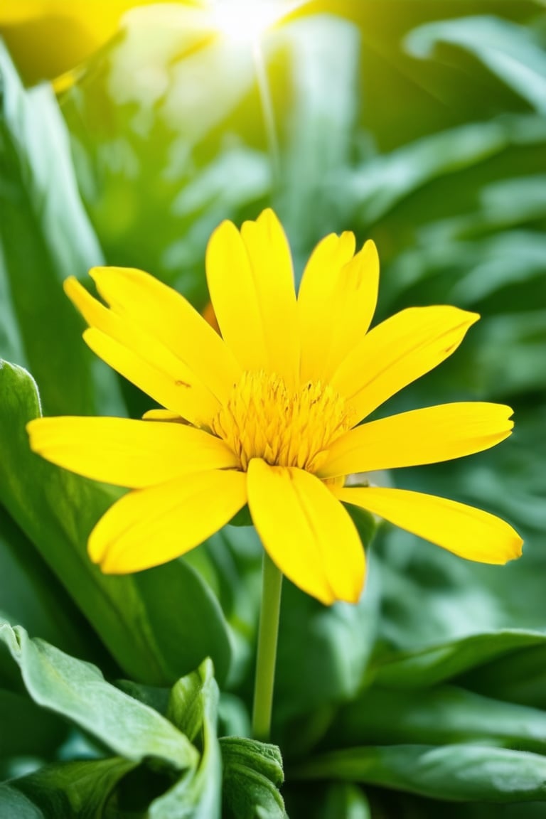 A close-up shot of a vibrant yellow Solak flower, its petals unfolding like tiny trumpets against a soft focus green leafy background. Warm sunlight casts a golden glow on the delicate petals, highlighting their intricate texture and delicate edges. The camera's shallow depth of field blurs the surrounding foliage, drawing attention to the flower's bright, sunny hue.