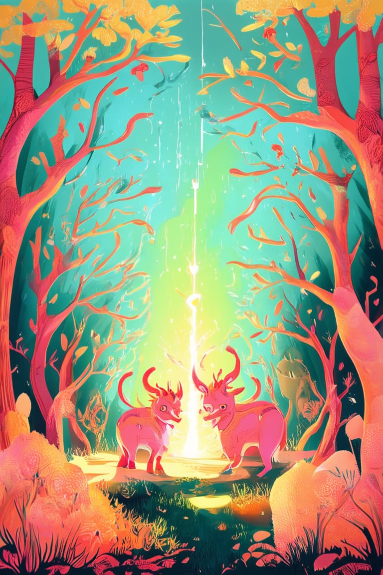 Vibrant flat art illustration depicts a whimsical scene with mystical creatures gathering around a glowing portal in a mystical forest. Soft focus on the trees' gentle rustling, warm golden lighting, and dreamy pastel hues. Creatures pose with curiosity and wonder, surrounded by delicate vines and wispy tendrils.