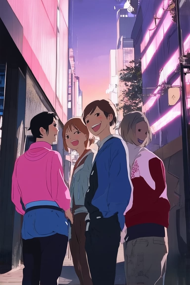 A vibrant anime scene with a futuristic cityscape as backdrop, soft pinkish-purple sunset hues casting a warm glow. In the foreground, a group of friends in stylish outfits, hair styled in trendy mix of traditional and modern aesthetics, laughing and chatting while posing against a sleek, neon-lit alleyway wall.