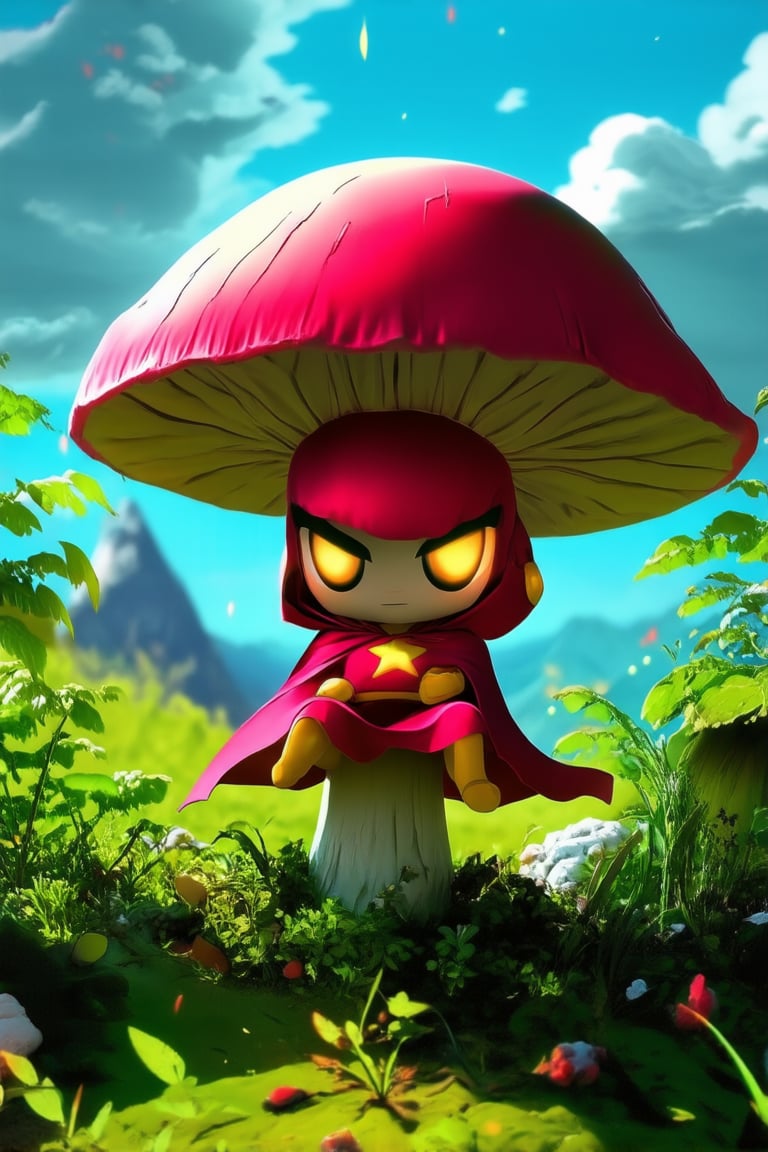 A whimsical chibi character sits on a mushroom, surrounded by lush greenery in a soft, filtered sunlight. The tiny hero wears a bright red cape with yellow trim, and their big, shining eyes sparkle with mischief. In the background, a faint mountain range rises, with fluffy white clouds drifting lazily across the sky.