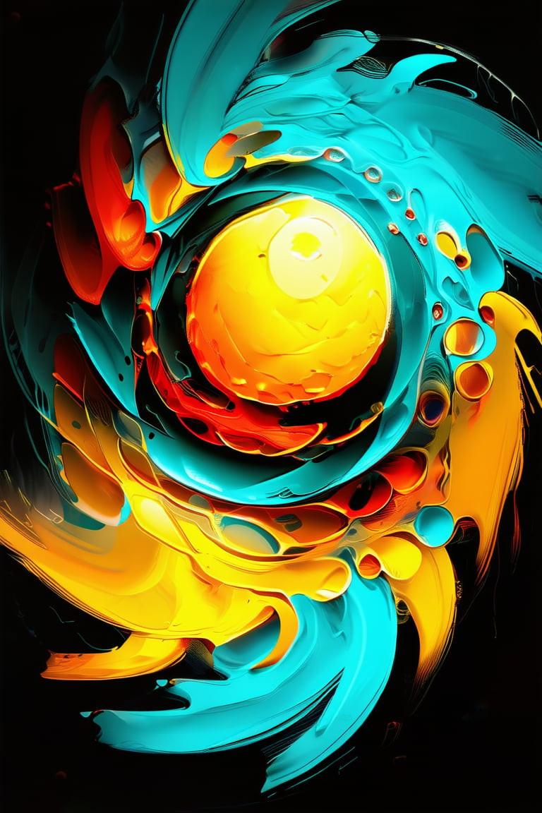 Vibrant abstract design features swirling patterns of turquoise, yellow, and orange on a black background, with geometric shapes overlapping in a mesmerizing dance. A central, glowing orb radiates light, surrounded by wispy tendrils that appear to be in motion. The composition is dynamic, with bold brushstrokes adding texture and visual interest.