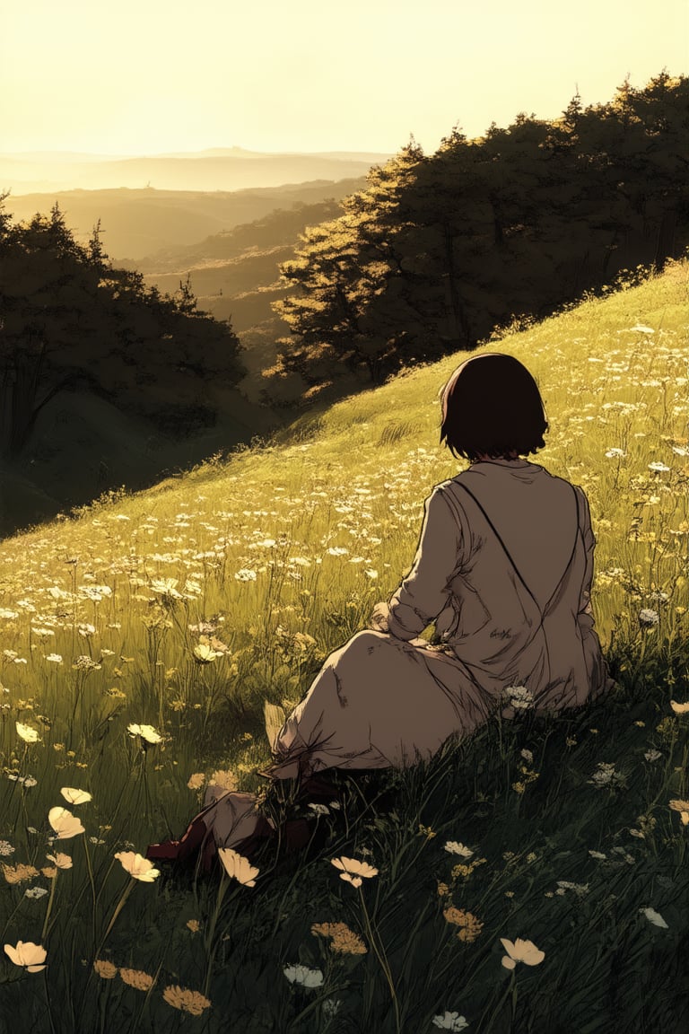 A serene, golden-lit landscape scene: a gentle, grassy hill stretches out before us, with Flat in a contemplative pose at its peak. Honor, dressed in soft, muted colors, sits beside him, gazing up at his profile. The warm sunlight casts long shadows across the hillside, and the air is filled with the sweet scent of blooming wildflowers.