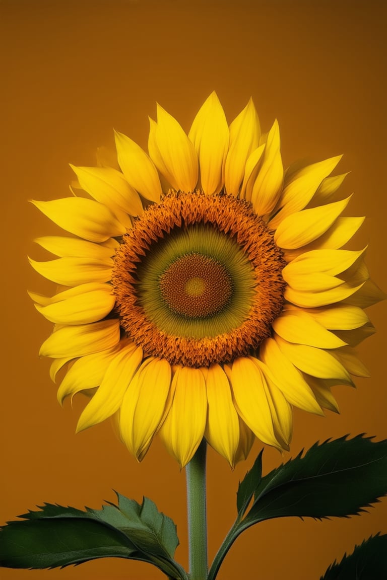 A vibrant effect shot: A close-up of a bright yellow sunflower in full bloom, its petals shimmering with an iridescent glow against a warm orange background. Soft focus highlights the intricate texture and delicate curves of the flower's center, while the surrounding leaves and stem are blurred to emphasize the subject's radiance.