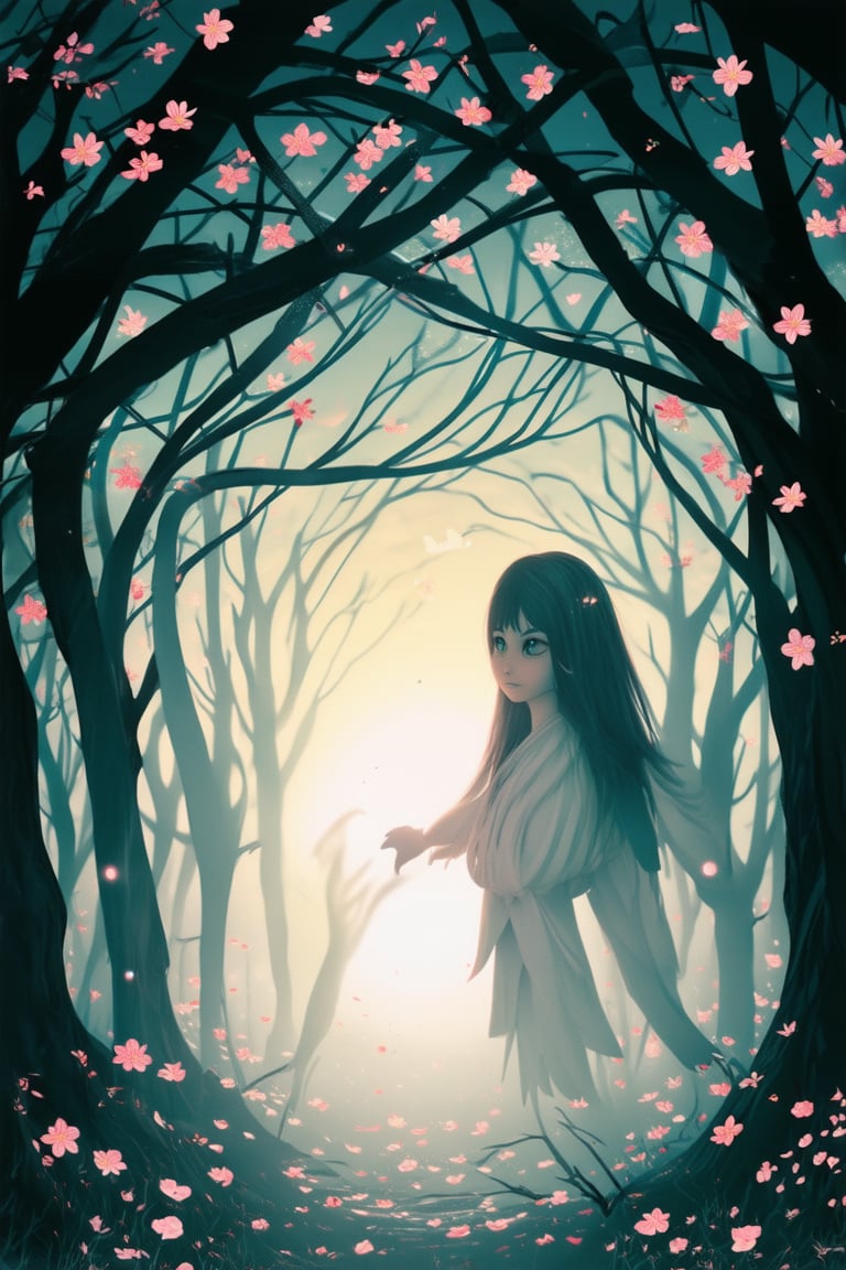 A dreamlike scene unfolds as a mystical figure with iridescent wings and eyes aglow like lanterns in the darkness is suspended amidst a swirling vortex of cherry blossom petals. The setting sun casts long shadows across the surreal landscape, while delicate tendrils of mist curl around the subject's ethereal form.