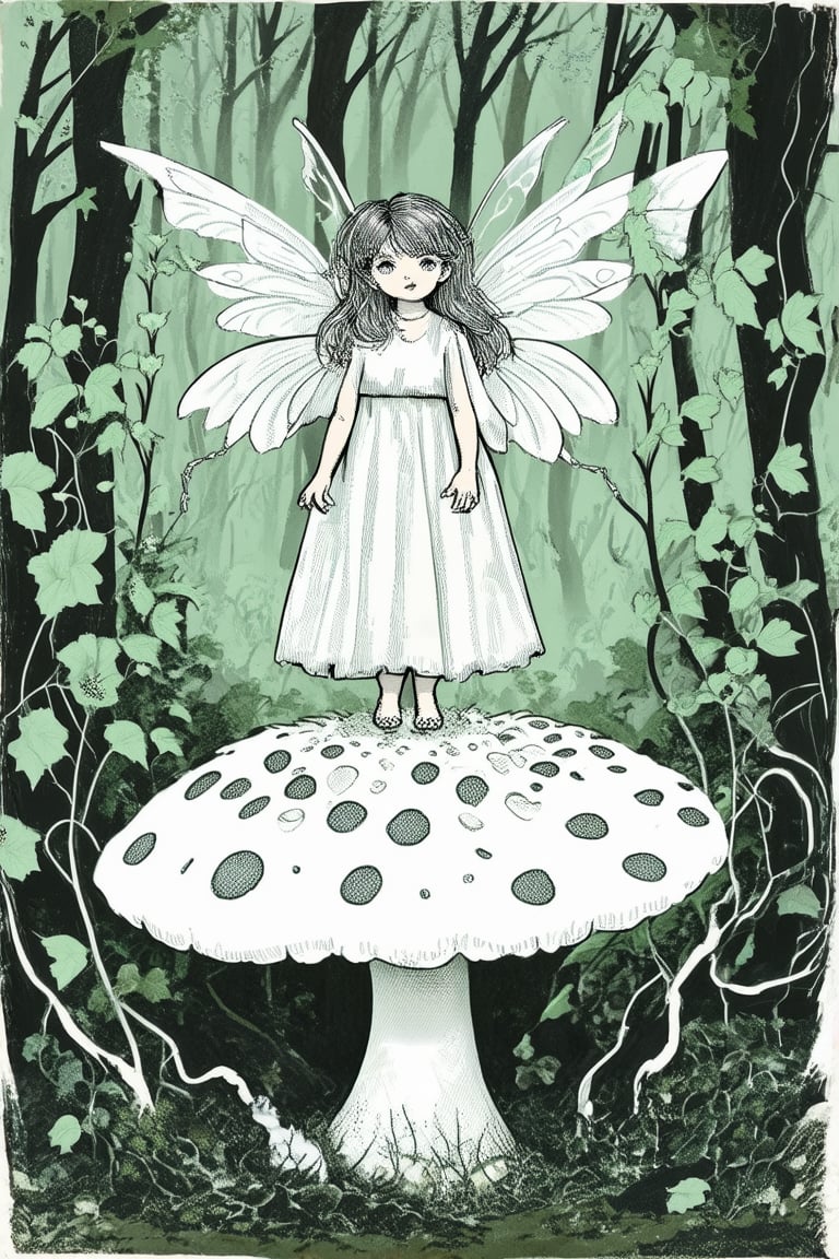 A whimsical ink illustration depicts a delicate, hand-drawn scene: a young fairy perched on a toadstool, surrounded by lush greenery and wispy tendrils of ivy. Softly rendered shading brings forth the intricate details of the forest floor, while the fairy's translucent wings glow with an ethereal light.