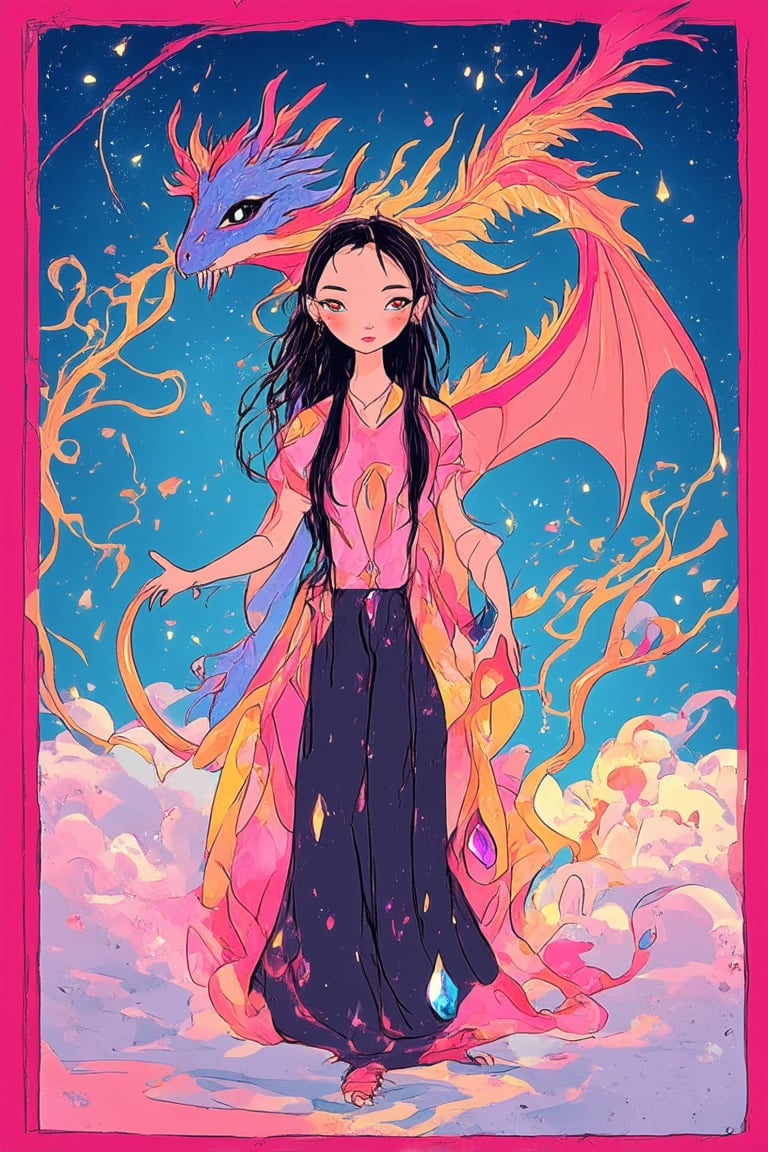 A whimsical illustration of Magical Flat Art unfolds before us: a vibrant, 2D-style artwork with exaggerated shapes and bold colors. Framed in a bright pink border, the main attraction is a fantastical scene featuring a wizardess surrounded by swirling clouds of glittering sparks, wispy vines, and gleaming gemstones. She stands confidently, one hand holding a glowing scroll, while her other arm cradles a majestic, rainbow-maned dragon. Soft focus in the background hints at mystical landscapes waiting to be discovered.