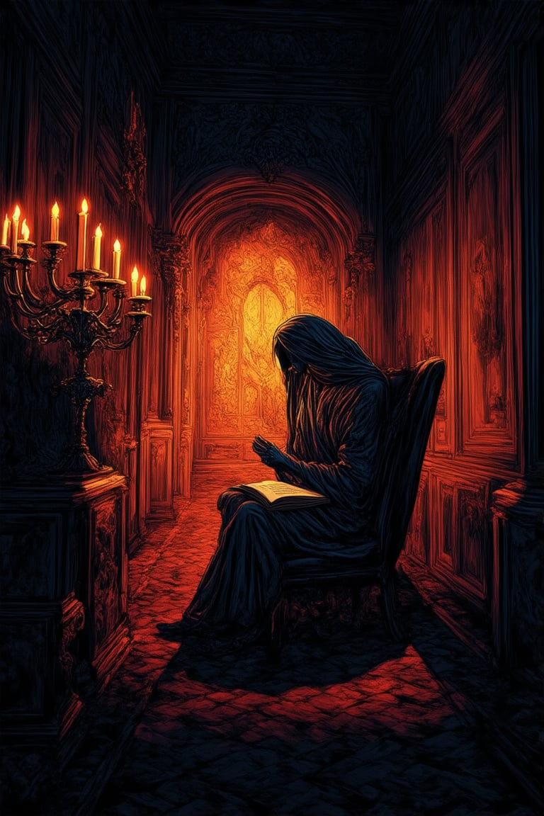 A dimly lit chamber, warm golden hues emanating from candelabras casting long shadows on the walls. A single figure, shrouded in mystery, sits in a ornate chair, eyes cast downward, fingers intertwined around a worn leather-bound book. The subject's face is obscured by a veil of darkness, leaving only the faintest hint of a knowing smile.