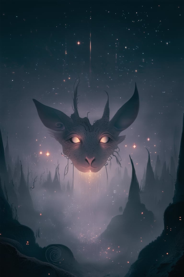 A close-up shot of a mystical creature's face, intricately designed with glowing runes and swirling patterns, bathed in soft, ethereal light. The subject's eyes gleam like stars, as they gaze upward toward a dreamlike landscape of floating islands and wispy clouds, set against a dark blue-purple sky.