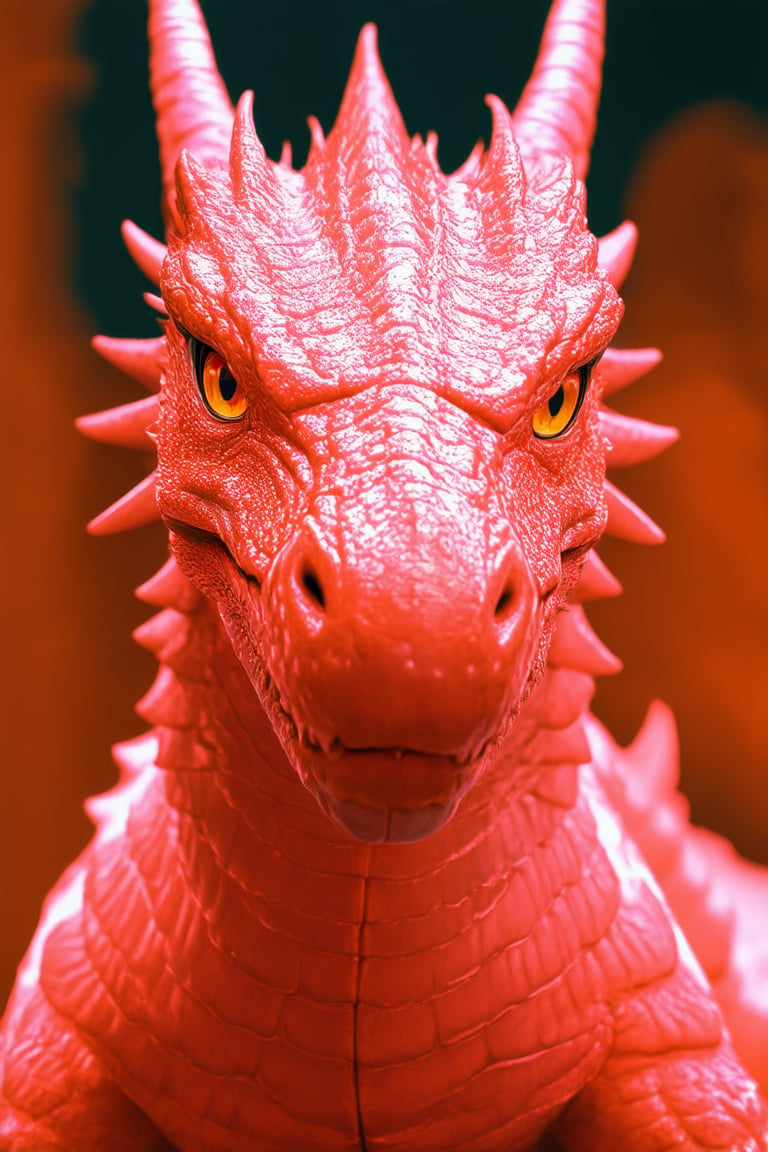 A close-up shot of a fiery pink-hued dragon's head, its scales glistening under intense warm lighting, casting a fierce gaze directly at the camera. The bold color dominates the frame, with subtle shading and texture adding depth to the metallic sheen. The background is a blurred, fiery orange haze, further emphasizing the dragon's ferocity.