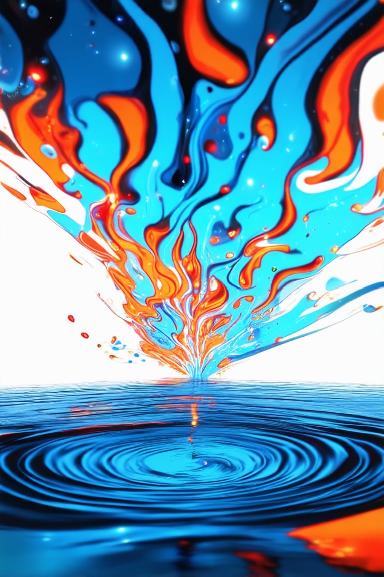 A kaleidoscope of colors explodes on screen as a bold, graphic-style illustration unfolds. Vibrant hues of electric blue and fiery orange swirl together in mesmerizing patterns, set against a bright white background that seems to glow with an otherworldly energy. The composition is dynamic, with shapes and lines radiating outward like the ripples on a pond.