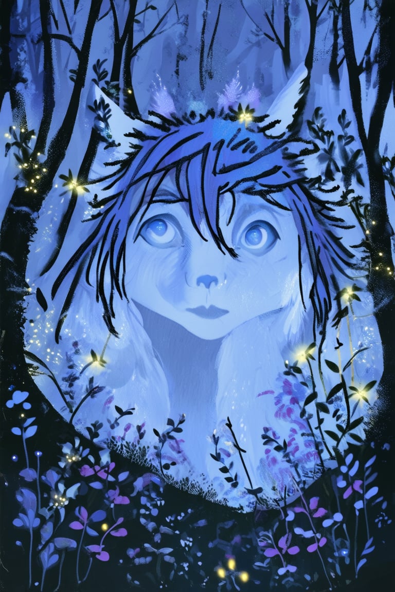 A whimsical ink illustration of a fantastical forest dweller, surrounded by lush foliage and twinkling fireflies, with delicate petals unfolding from their hair. The subject's features are softly rendered in a range of blues and purples, against a darkened background that evokes the mystery of the night.