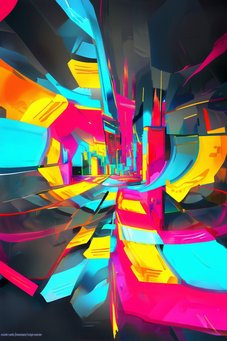 A vibrant digital artwork featuring swirling patterns of bright pink, yellow, and blue hues, set against a dark grey background. The composition is dynamic with shapes and lines intersecting in a mesmerizing dance. A stylized geometric shape, resembling a futuristic cityscape, dominates the center.