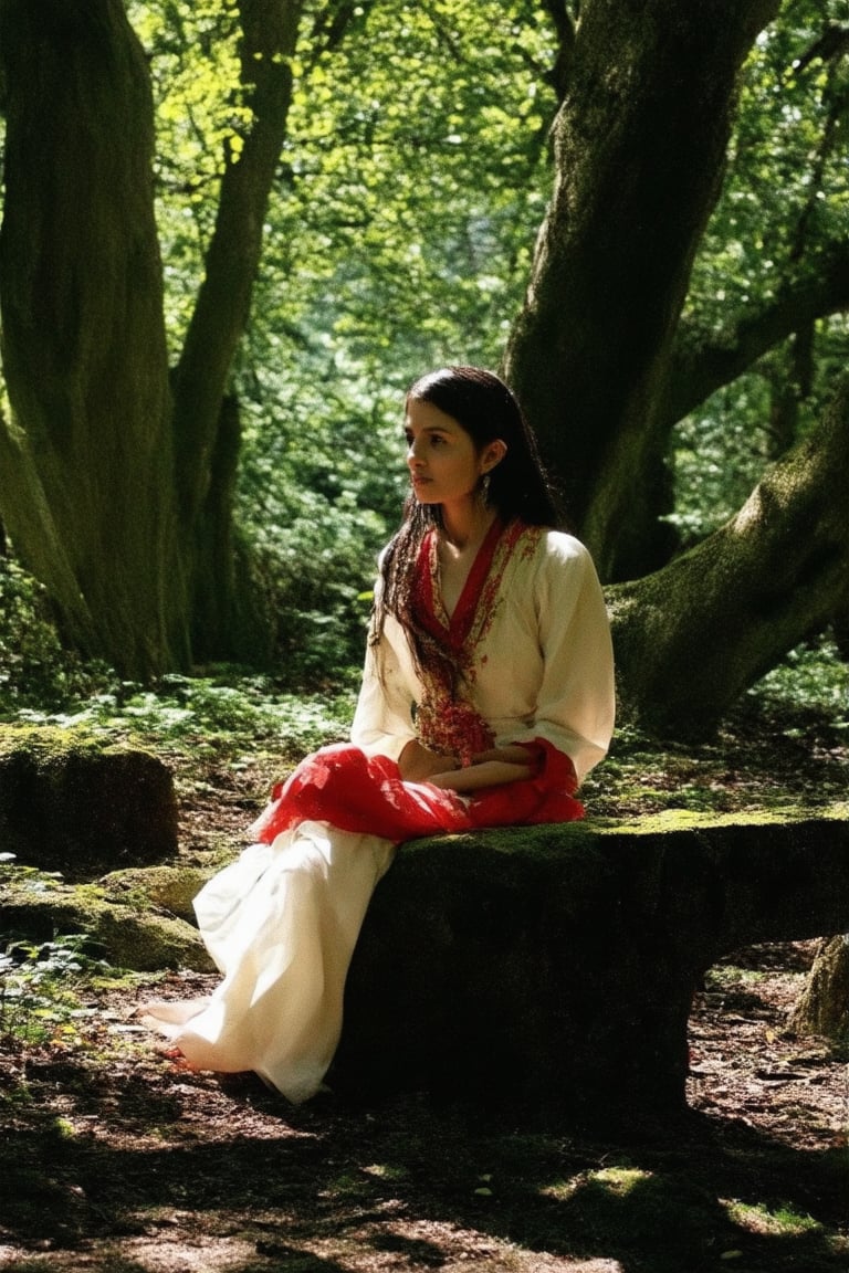 A serene and mystical Mandana Koka moment: A gentle breeze rustles the leaves of ancient trees as a young woman, adorned in traditional attire, sits cross-legged on a worn stone bench. Soft, golden light filters through the canopy above, casting dappled shadows across her peaceful face. The camera captures her introspective gaze, framed by lush greenery and the rustic simplicity of the natural world.