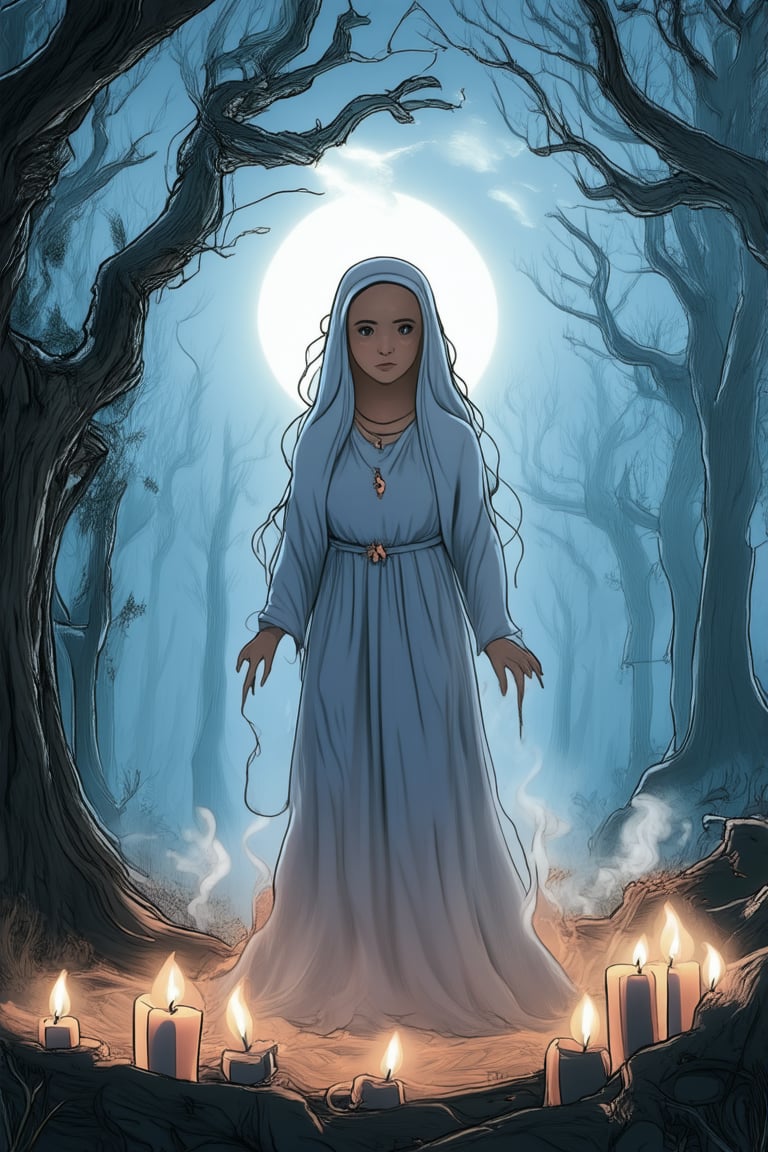 A mystical mama stands in a misty forest glade, surrounded by ancient trees with gnarled branches like nature's own wispy hair. Soft moonlight filters through the foliage, casting an ethereal glow on her serene face and the wisps of smoke curling from the candles at her feet.