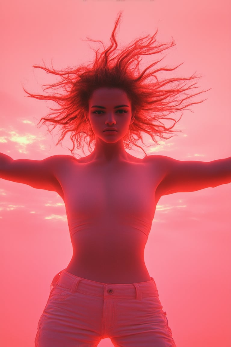 A fierce pink color dominates the frame, illuminating a fiery sunset sky. A model's bold pose, with arms outstretched and hair flowing wildly, stands in sharp contrast against the soft, gradient hues of the backdrop. The lighting is dramatic, with warm rays of pink-orange light casting a dynamic glow on the subject's features, while the surrounding environment recedes into subtle shadows.