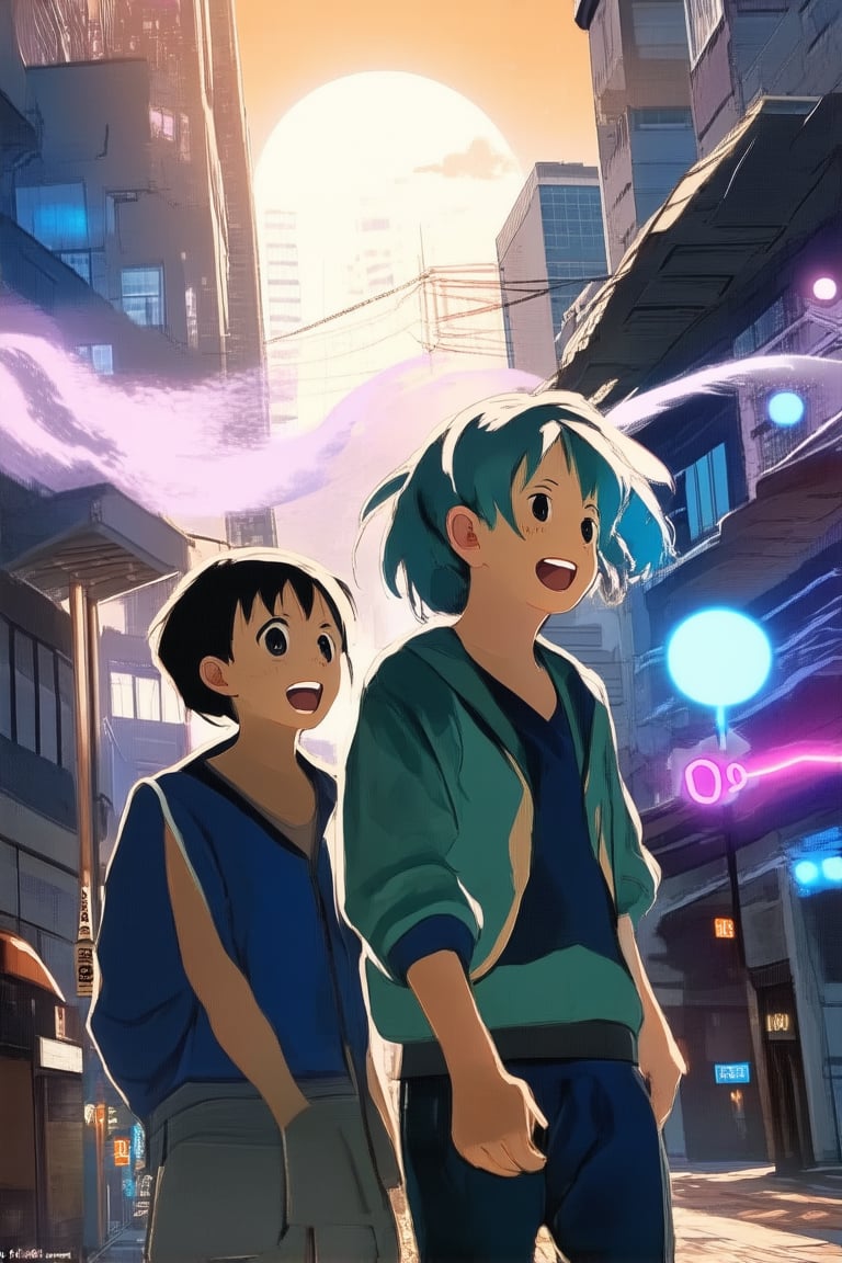 A vibrant, 2D-style anime scene with a futuristic cityscape at sunset, featuring a dynamic mix of traditional Japanese architecture and sleek modern buildings. A group of friends in casual outfits, laughing and chatting as they walk down a neon-lit street, with glowing orbs and wispy fog adding to the dreamy atmosphere.