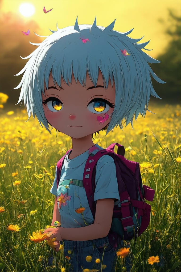 A whimsical chibi character posing in a bright, sunlit meadow, surrounded by lush green grass and vibrant wildflowers. The subject's face is adorned with a sweet smile, their eyes shining like sparkling stars. Their short, spiky hair is styled in a messy bob, and they wear a tiny backpack with colorful straps and buttons. Framed by a warm golden light, the character appears to be lost in thought, gently gazing upwards at a fluttering butterfly.