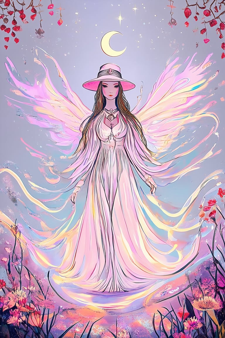 A whimsical flat art illustration depicts a mystical realm, where a wispy sorceress stands amidst a swirling vortex of iridescent hues. Her ethereal form is framed by delicate floral patterns and shimmering starlight, with a crescent moon hovering above her head. The soft, dreamy lighting casts an enchanting glow on the surrounding misty landscape.