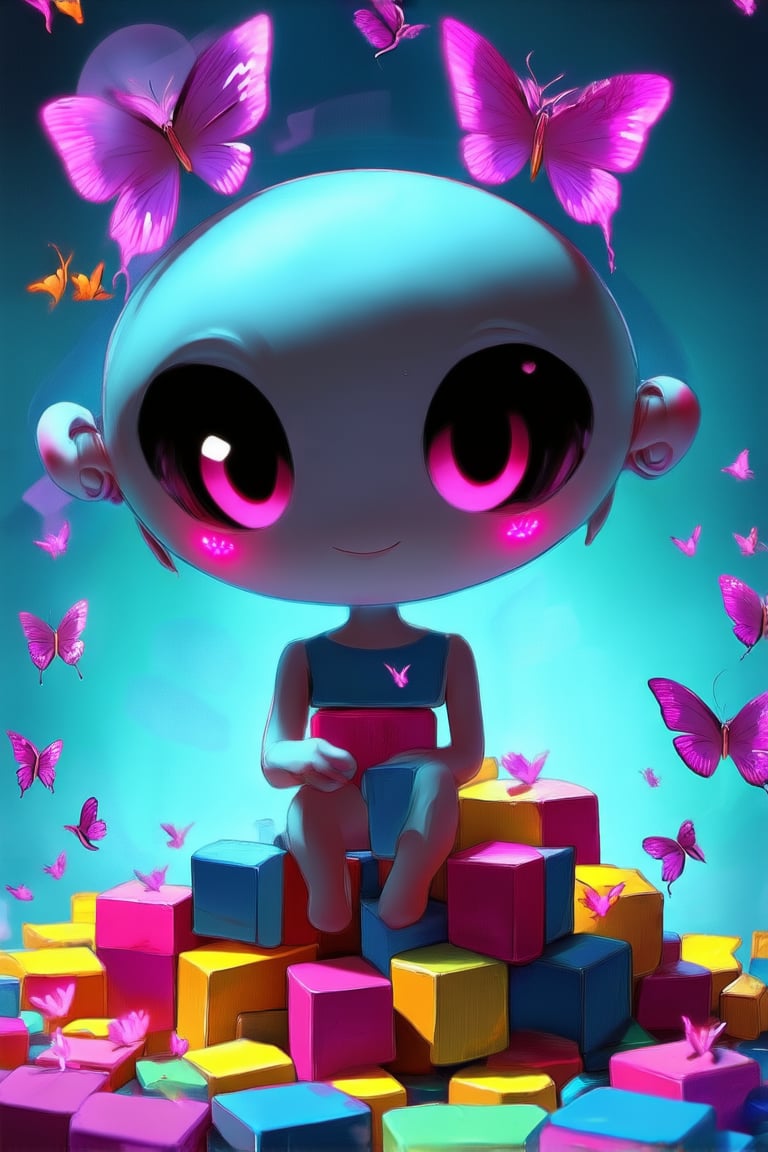 A whimsical illustration of a chibi character: a tiny, smiling humanoid figure with large eyes and rounded features, posed in a playful manner, perhaps sitting on a pile of colorful blocks or surrounded by fluttering butterflies. Soft, warm lighting illuminates the scene, casting a gentle glow on the subject's rosy cheeks.