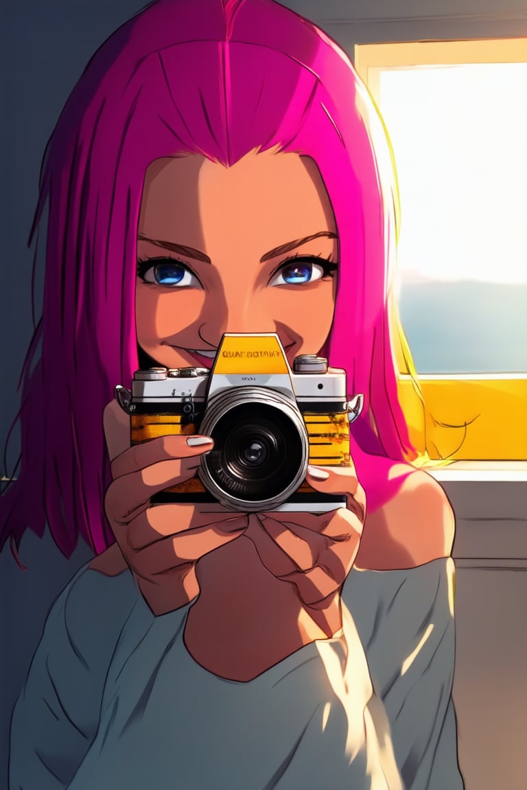 A close-up shot of a young woman's face with bright pink hair, smiling widely as she holds up a vintage camera with a vibrant yellow film reel spinning around it. Soft sunlight filters through the windowsill, casting a warm glow on her skin and highlighting the colorful objects surrounding her. The background is blurred, focusing attention on her joyful expression.