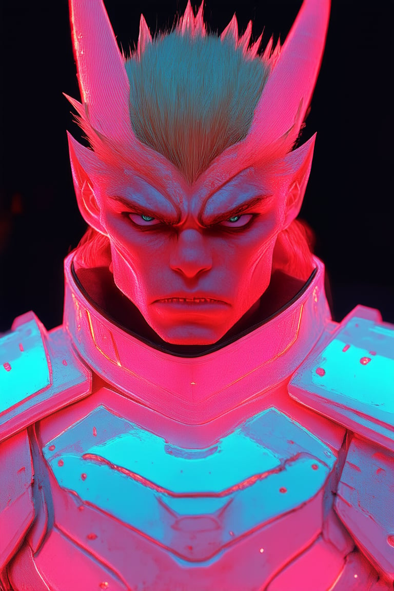 A close-up shot of a fierce warrior's face, with vibrant pink accents on their armor and hair, set against a dark background to emphasize the bold color. Soft, golden light illuminates the subject from above, highlighting the sharp features and intense gaze. The composition is tight, focusing attention on the warrior's unwavering determination.