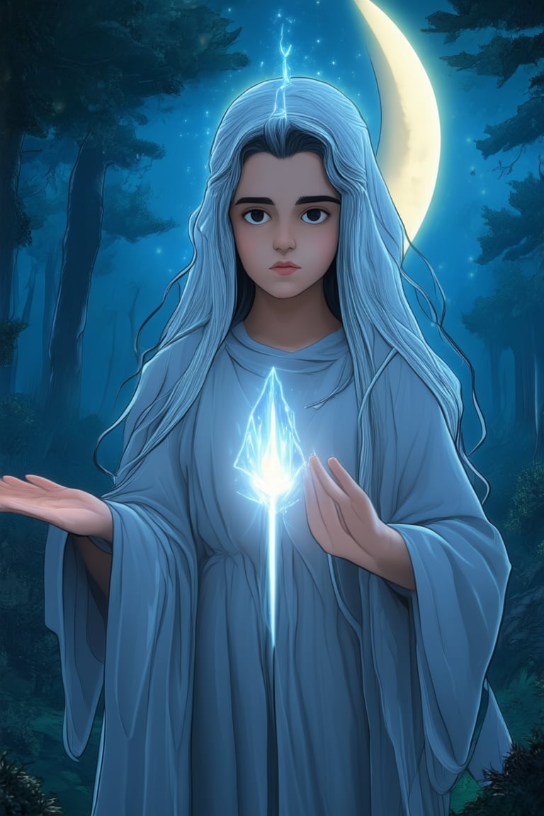 A mystical mama stands beneath a crescent moon's soft glow, her eyes aglow with ancient wisdom. Shrouded in misty fog, the forest behind her whispers secrets. Her long hair flows like silver streams, and her outstretched hand cradles a glowing crystal, channeling mystical energy.