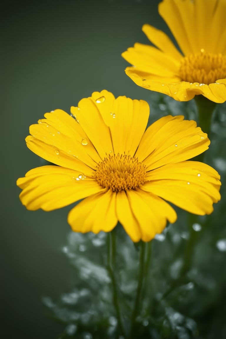 Close-up shot of a bright yellow Solak flower in full bloom, its petals glistening with dew and radiating warmth under soft, golden morning light. The vibrant yellow hue dominates the frame, with subtle hints of green at the stem and delicate white edges on the petals. Soft focus creates a dreamy atmosphere, drawing attention to the intricate details and texture of the Solak's velvety surface.