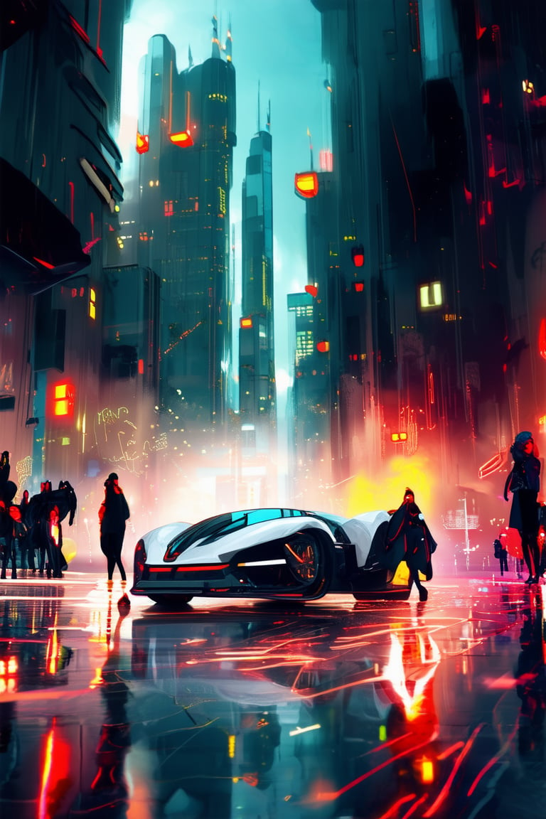 A futuristic cityscape at dusk, with neon lights reflecting off the wet pavement. A sleek, silver hovercar zooms by, leaving a trail of sparks as it disappears into the misty distance. In the foreground, a group of avant-garde fashionistas pose amidst a backdrop of abstract sculptures and vibrant murals, their bold outfits glowing under the city's electric lights.