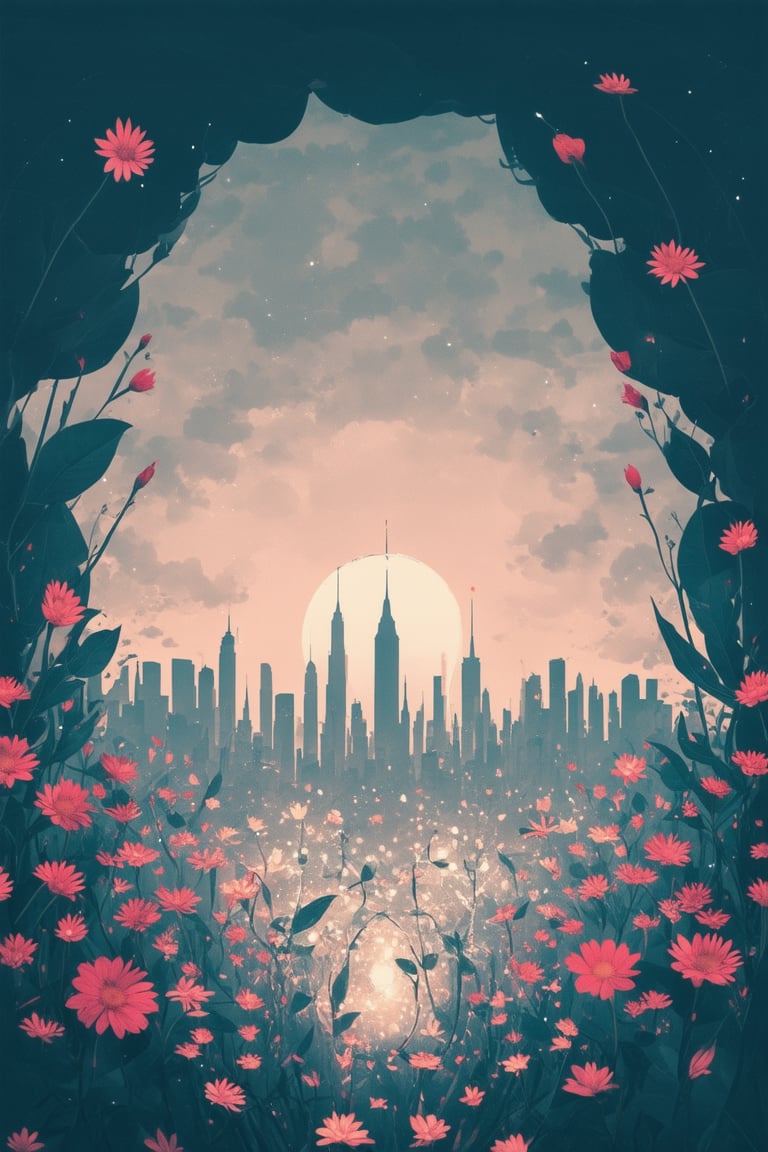 A surreal anime scene unfolds: a delicate, lace-like cityscape sprawls across a dreamy, gradient-hued sky. In the foreground, a bespectacled protagonist with intricate, swirling tattoos poses amidst a kaleidoscope of flowers, their eyes gleaming with an otherworldly intensity as they grasp a glowing, crystalline orb. Soft, ethereal light wraps around them, casting no shadows.