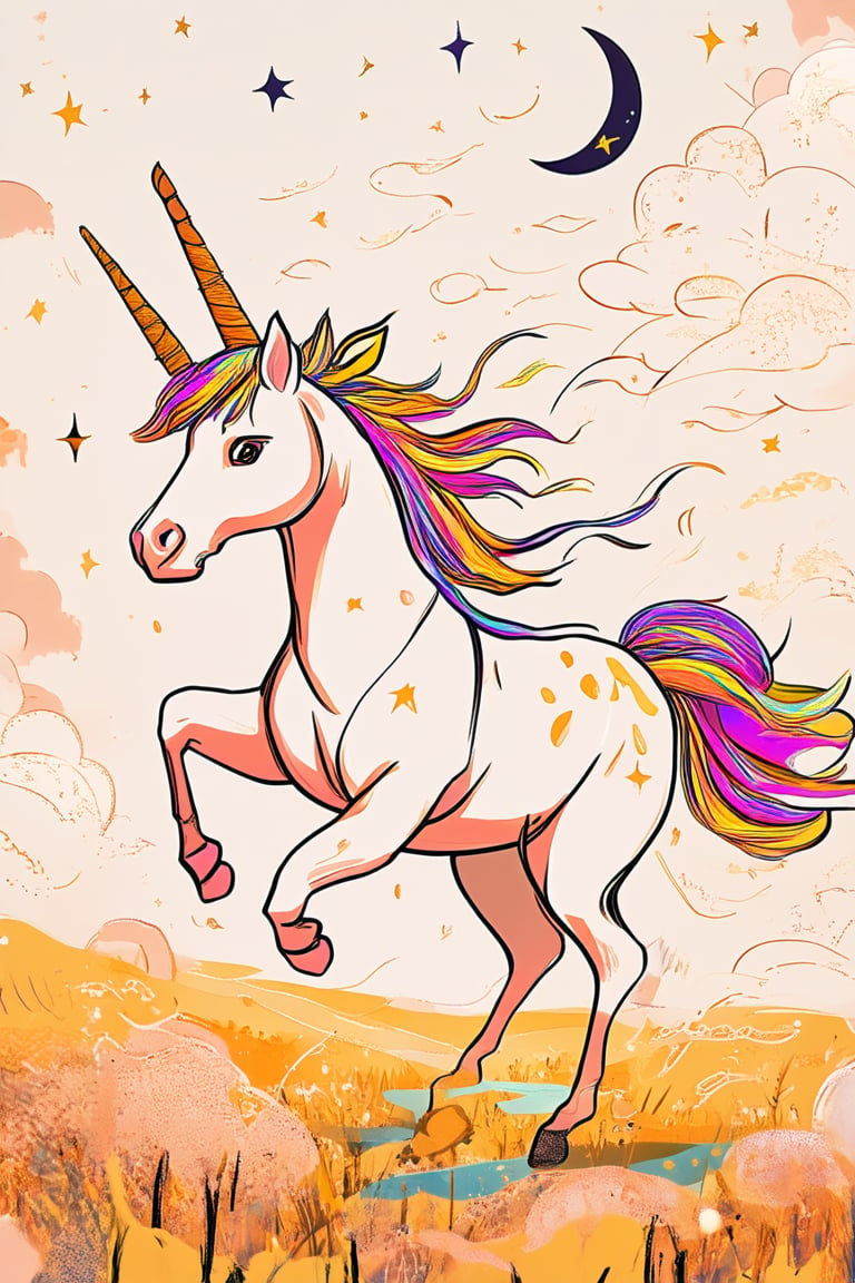 A whimsical, mystical scene unfolds in a flat art style: A majestic unicorn with iridescent scales and a shimmering horn gallops across a sun-kissed meadow, surrounded by swirling clouds of glittering sparks. The unicorn's mane flows like a rainbow-colored river, as it prances amidst a scattering of tiny stars and crescent moons.