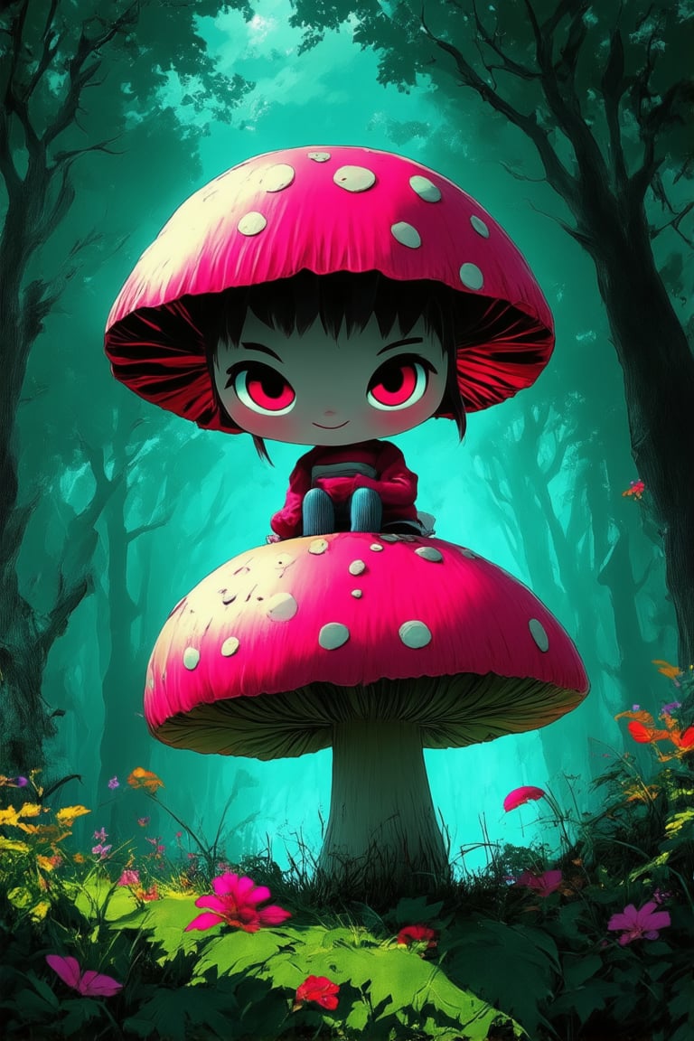 A vibrant, whimsical illustration of a chibi character: a tiny, endearing protagonist with large eyes and a bright smile, seated on a giant mushroom amidst a lush, emerald green forest. Soft, warm lighting casts a gentle glow, with subtle shading to define the subject's features. The composition is playful, with the character's diminutive size emphasizing their vulnerability and charm.