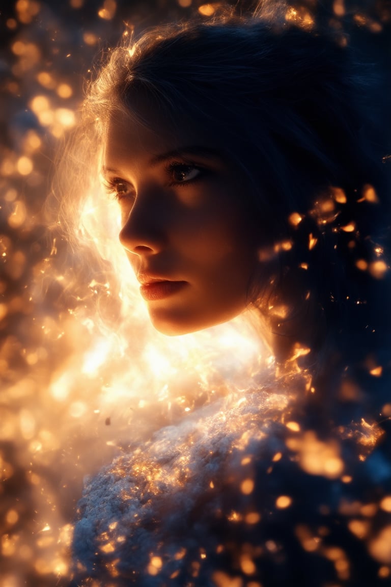 A woman with unbridled passion gazing intensely into a fiery furnace, her face aglow with an inner flame as flames lick at the edges of the frame. The camera is positioned at a low angle, looking up to emphasize her determination. Strong lighting casts dramatic shadows on her features, highlighting her unwavering conviction. The background is a blurred chaos of sparks and embers.