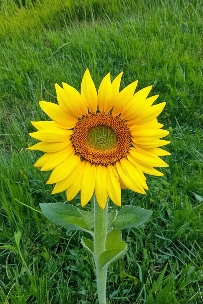 A vibrant yellow sunflower stands tall in a lush green meadow, its bright petals radiating warmth and energy. The camera frames the flower from directly above, showcasing its intricate details. Soft golden light illuminates the scene, casting a warm glow on the surrounding grass.