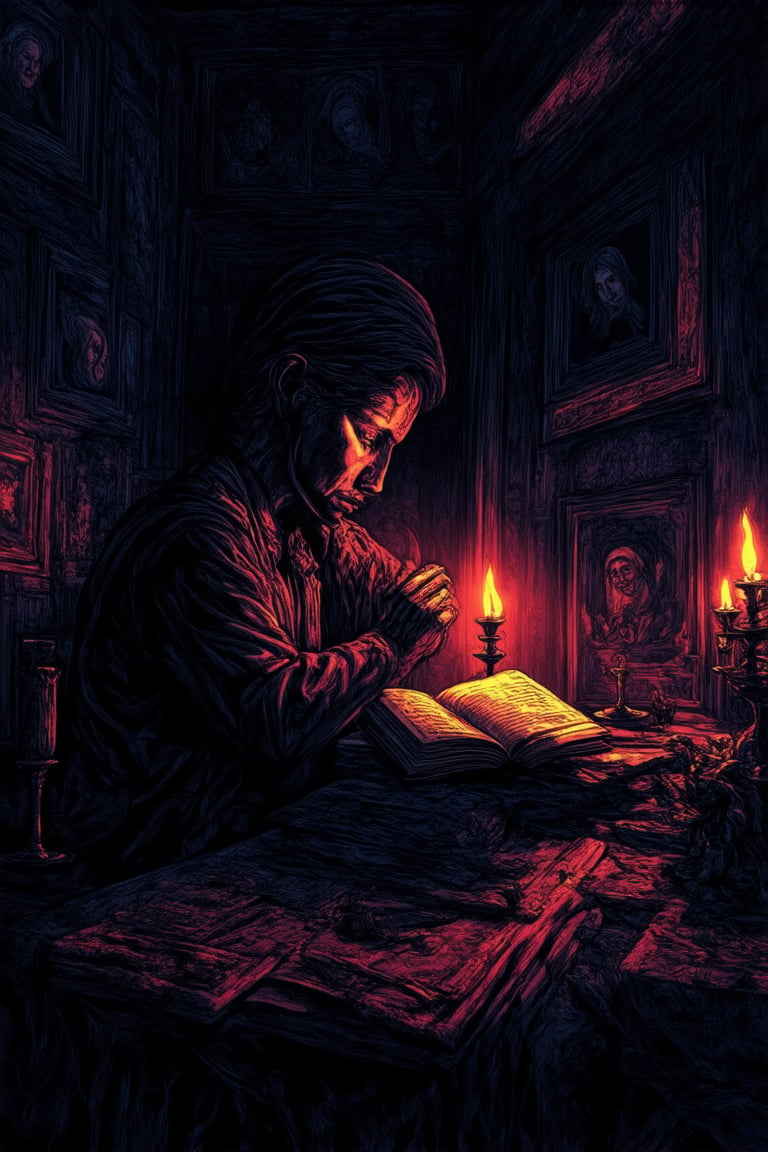 A mysterious figure shrouded in shadows, the enigmatic portrait's subject gazes out from a dimly lit room. The only illumination comes from a flickering candelabra on the nearby table, casting eerie silhouettes across their face. The subject's eyes seem to hold secrets as they sit pensively, one hand cradling their chin, the other grasping a worn leather book. The walls surrounding them are adorned with dusty tapestries and faded portraits, adding to the air of mystery.