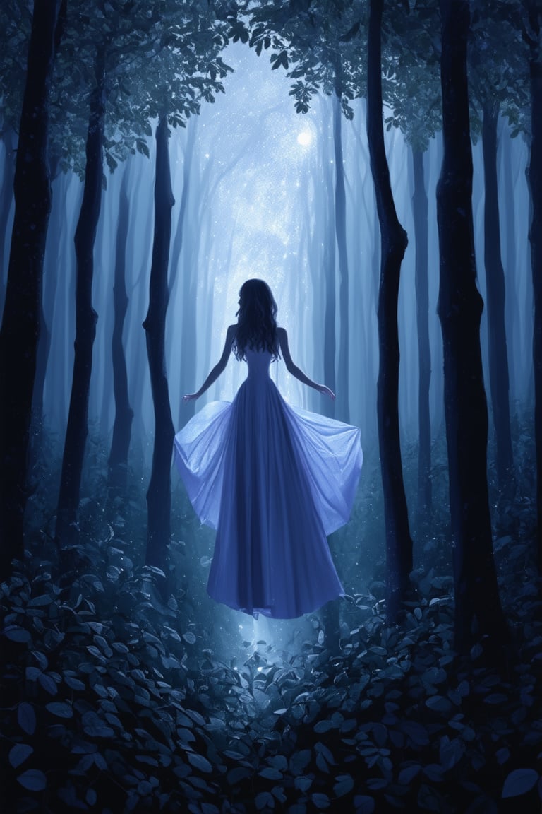 A dreamlike tableau unfolds: In a misty, moonlit forest, an ethereal figure floats above the underbrush. The DeepBlue hue of the night sky is mirrored in her iridescent gown, which shimmers like the stars above. Her delicate features seem carved from the very essence of the atmosphere itself. Soft focus blurs the background, emphasizing the mystique of this otherworldly being, suspended in a sea of whispering leaves.