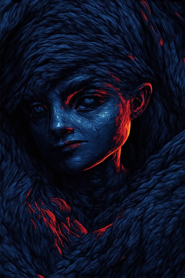 A close-up shot of a mysterious individual shrouded in shadows, their enigmatic expression illuminated by a soft, golden light. The subject's face is partially obscured by a veil of darkness, with only hints of curiosity and intrigue visible through the crevices of their eyes. The background is a deep, rich blue, almost velvety in texture, adding to the air of mystique surrounding this enigmatic portrait.